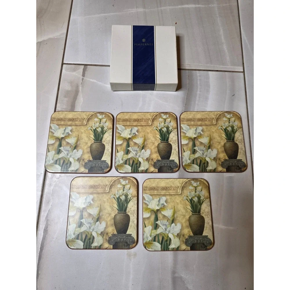 Pimpernel Coasters Set of 5 White Iris Floral Cork Back Made in‎ England E2